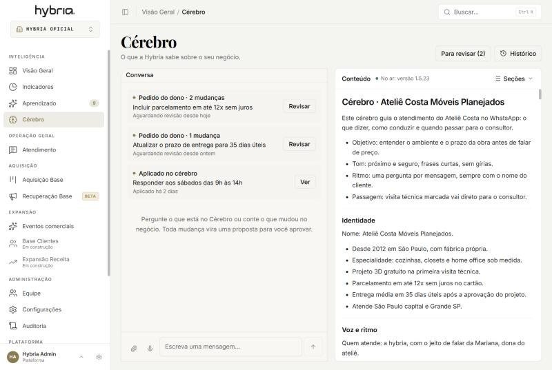 Tela do Cérebro do console da hybria, com dados ilustrativos